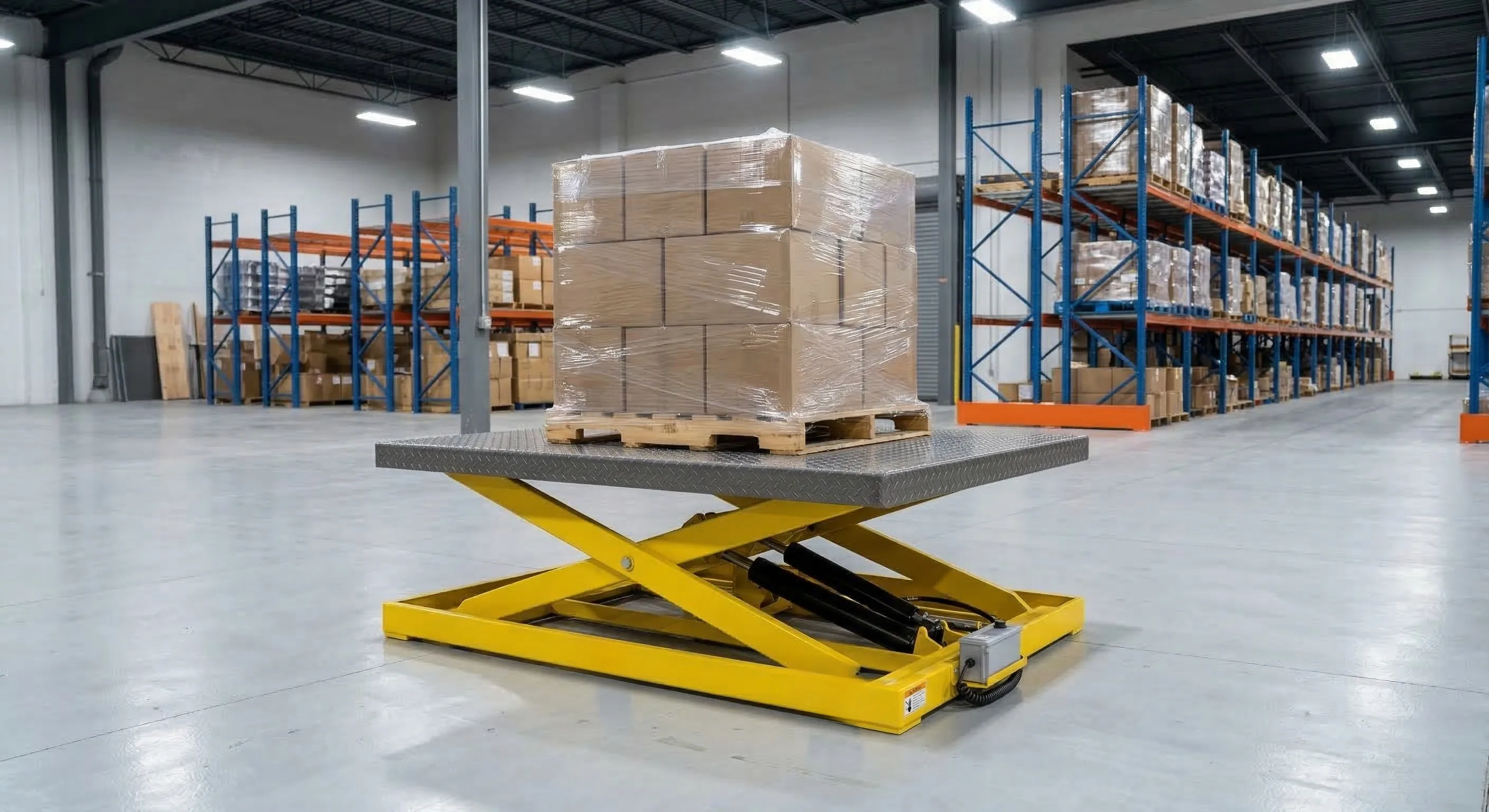 Yellow hydraulic scissor lift table with pallet load in a Baltimore area warehouse