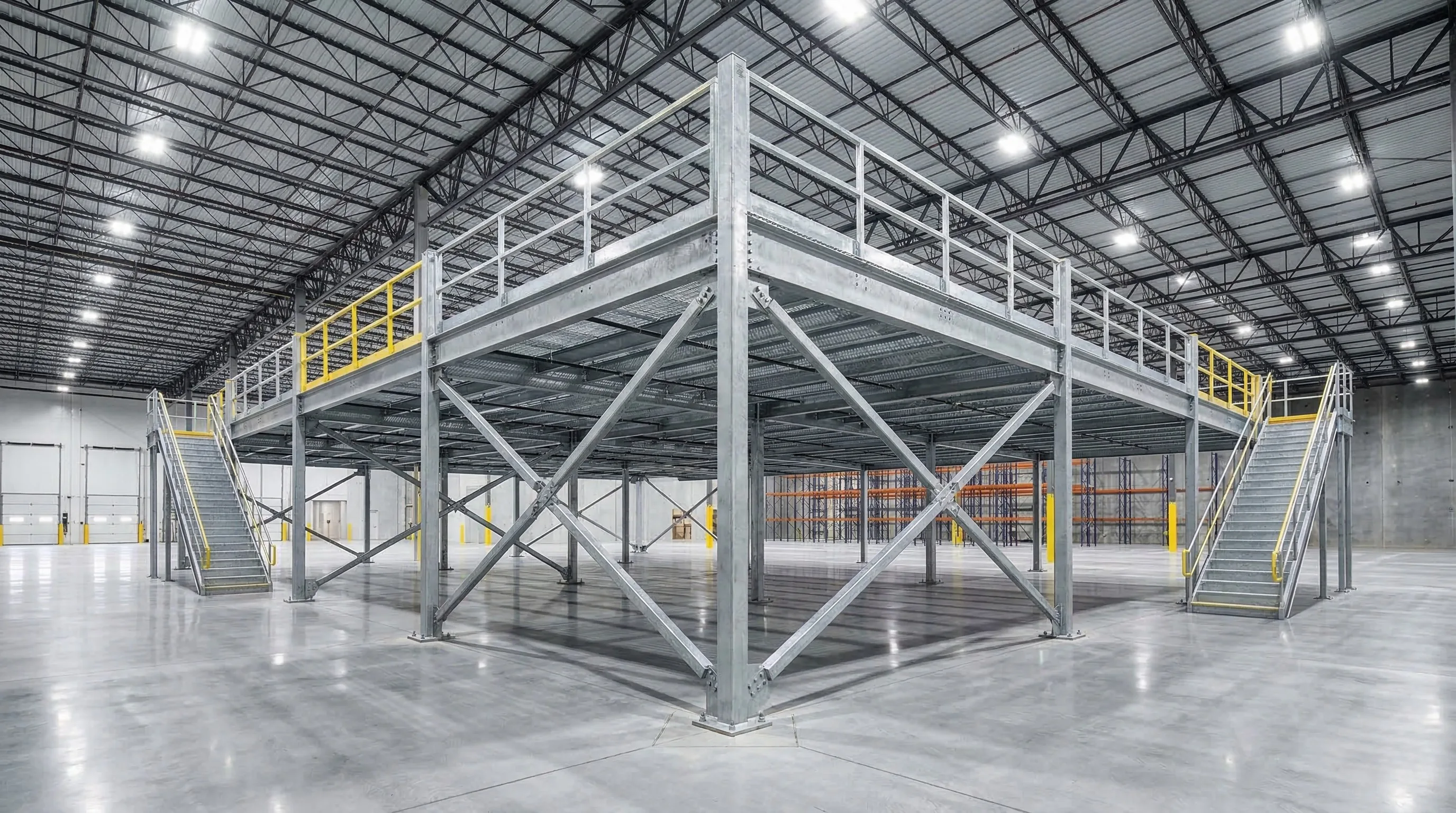 Large two-story structural steel mezzanine with dual staircases in a Baltimore area warehouse