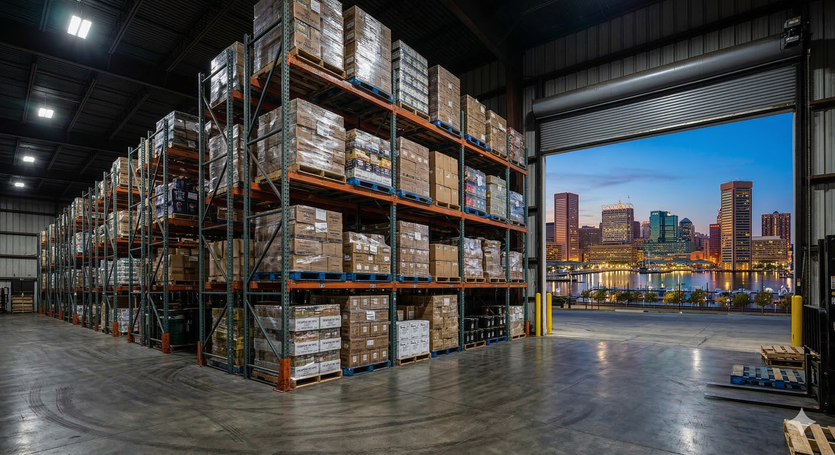 Large warehouse with tall pallet racking systems