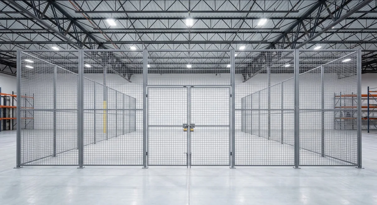 Lockable wire mesh security partition enclosure in a Baltimore area warehouse