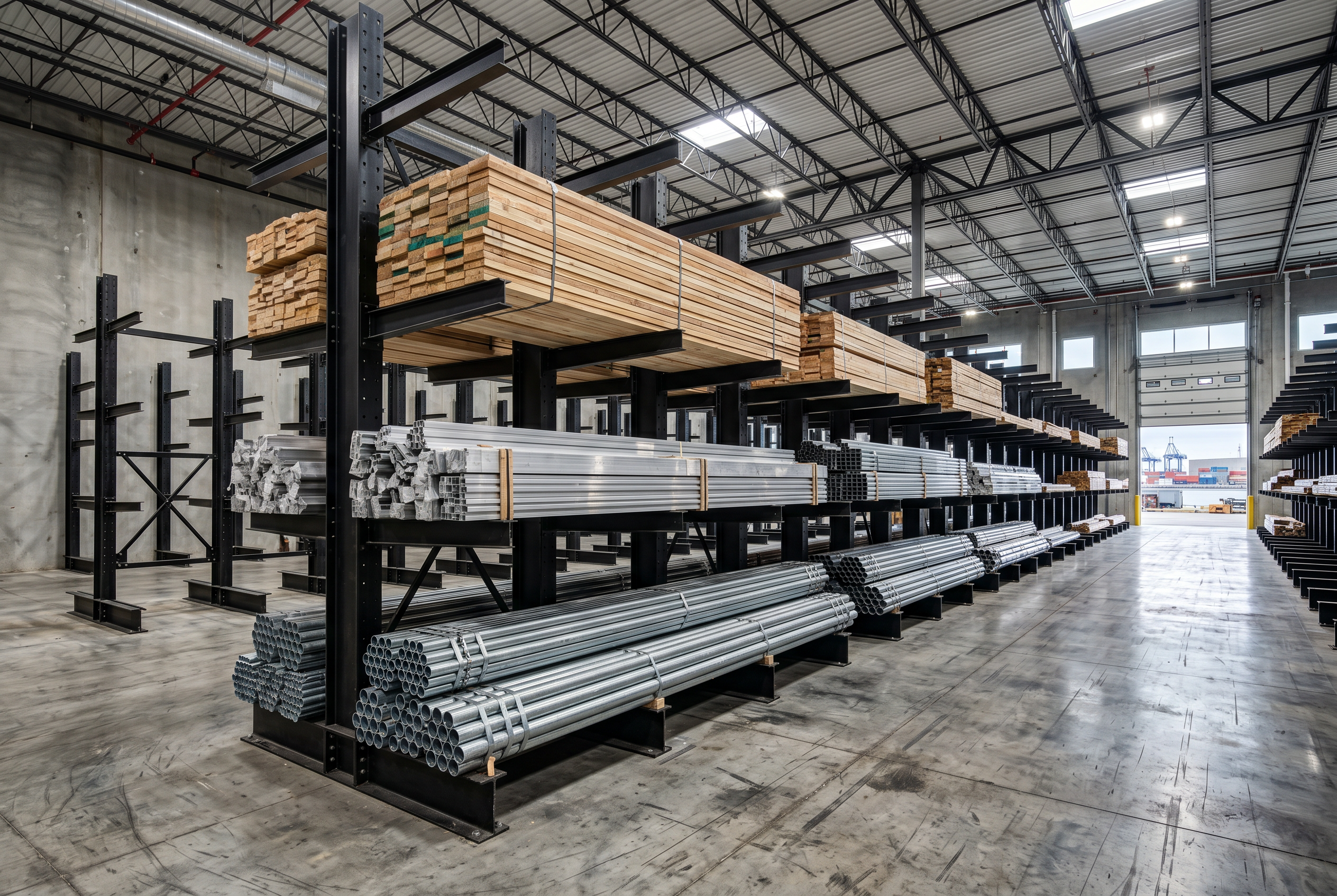 Heavy-duty structural cantilever rack storing pipe, steel, and lumber bundles in a Baltimore Maryland industrial distributor