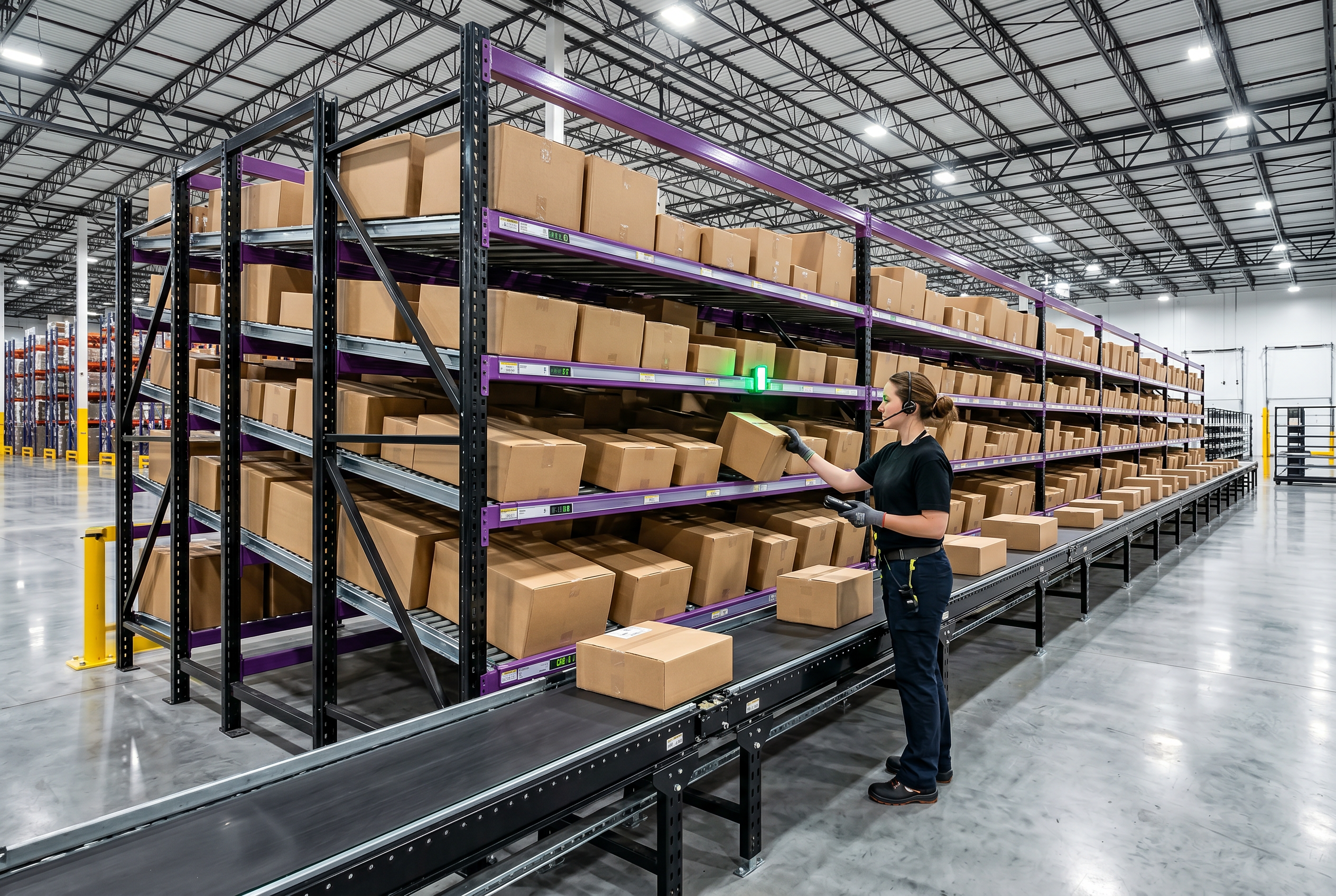 Multi-tier carton flow rack with skate-wheel tracks and warehouse operator picking cases in a Baltimore Maryland fulfillment center