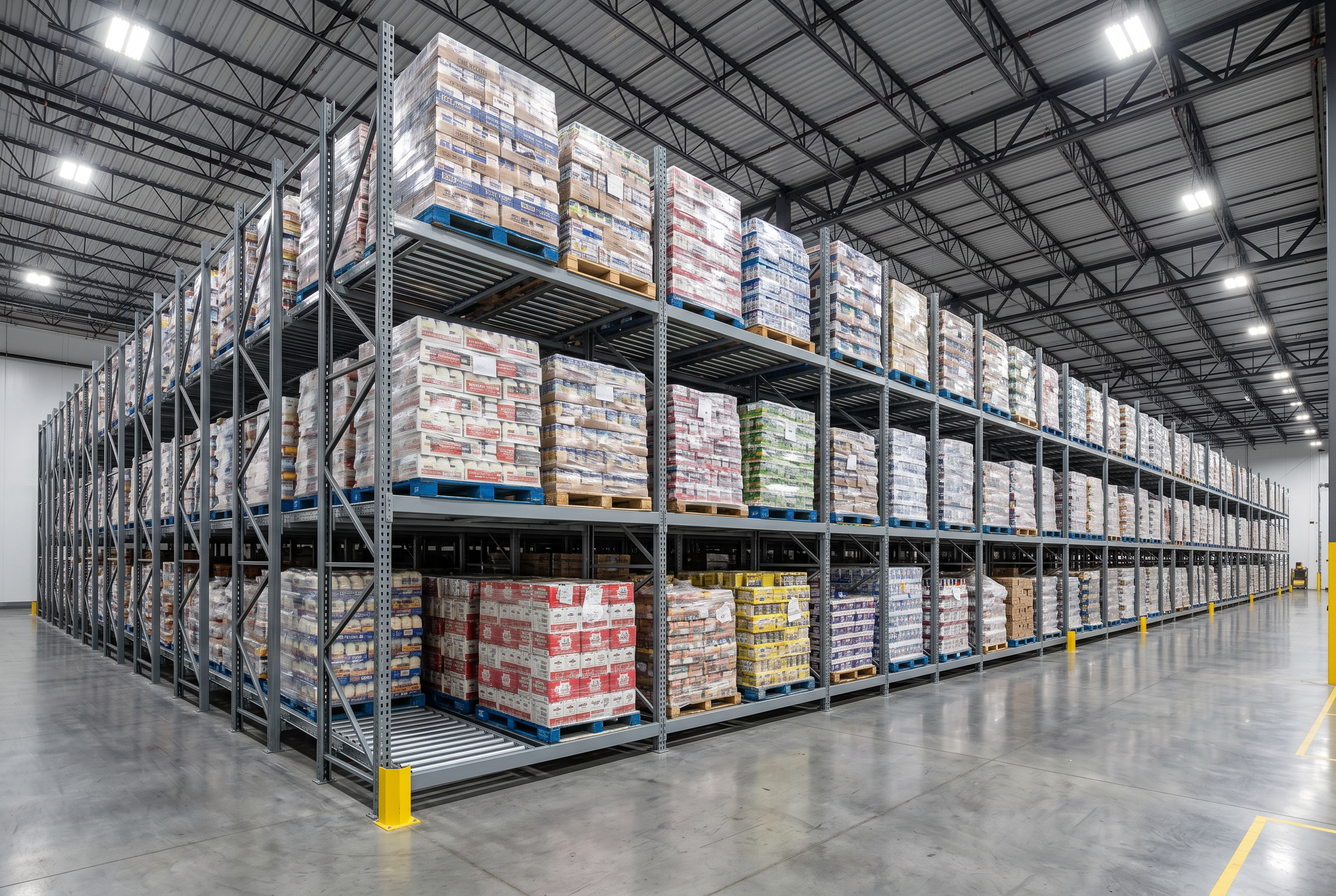 Deep-lane pallet flow rack with gravity rollers in a Baltimore Maryland refrigerated distribution center
