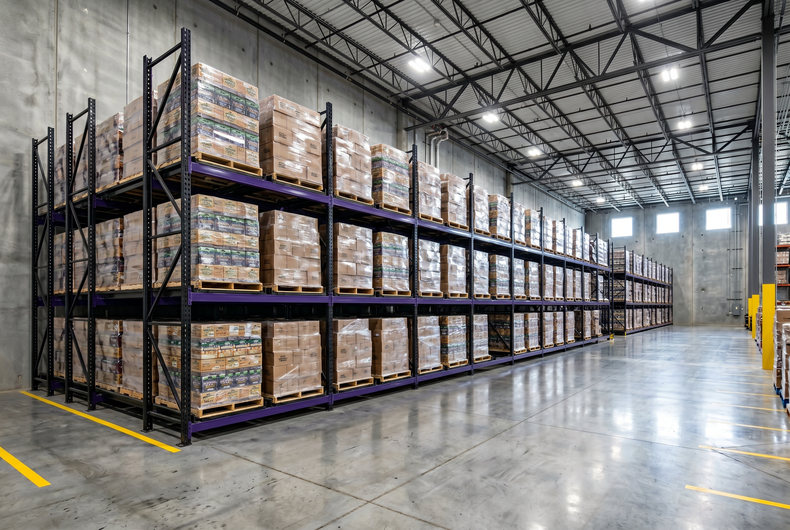 Pushback pallet rack system with nested carts and inclined rails in a Baltimore Maryland warehouse