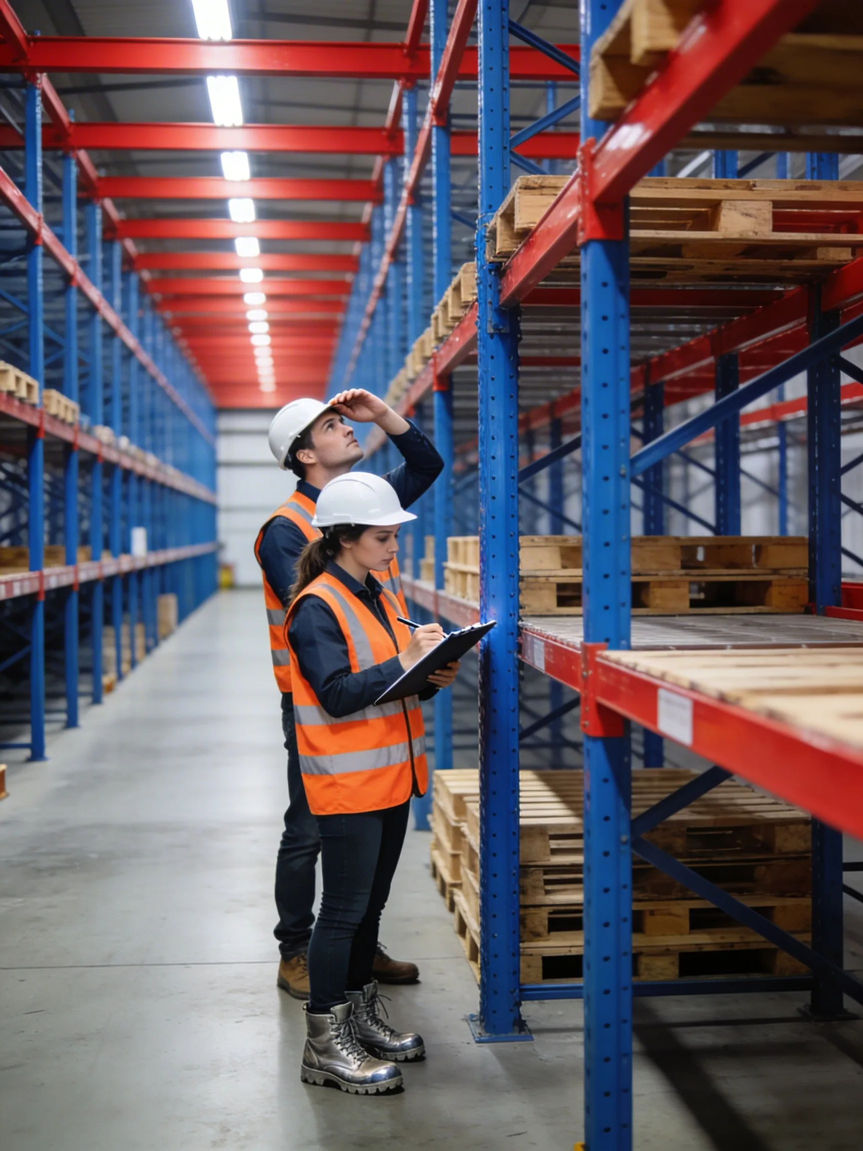 Warehouse rack inspection team identifying damage and safety hazards in Baltimore