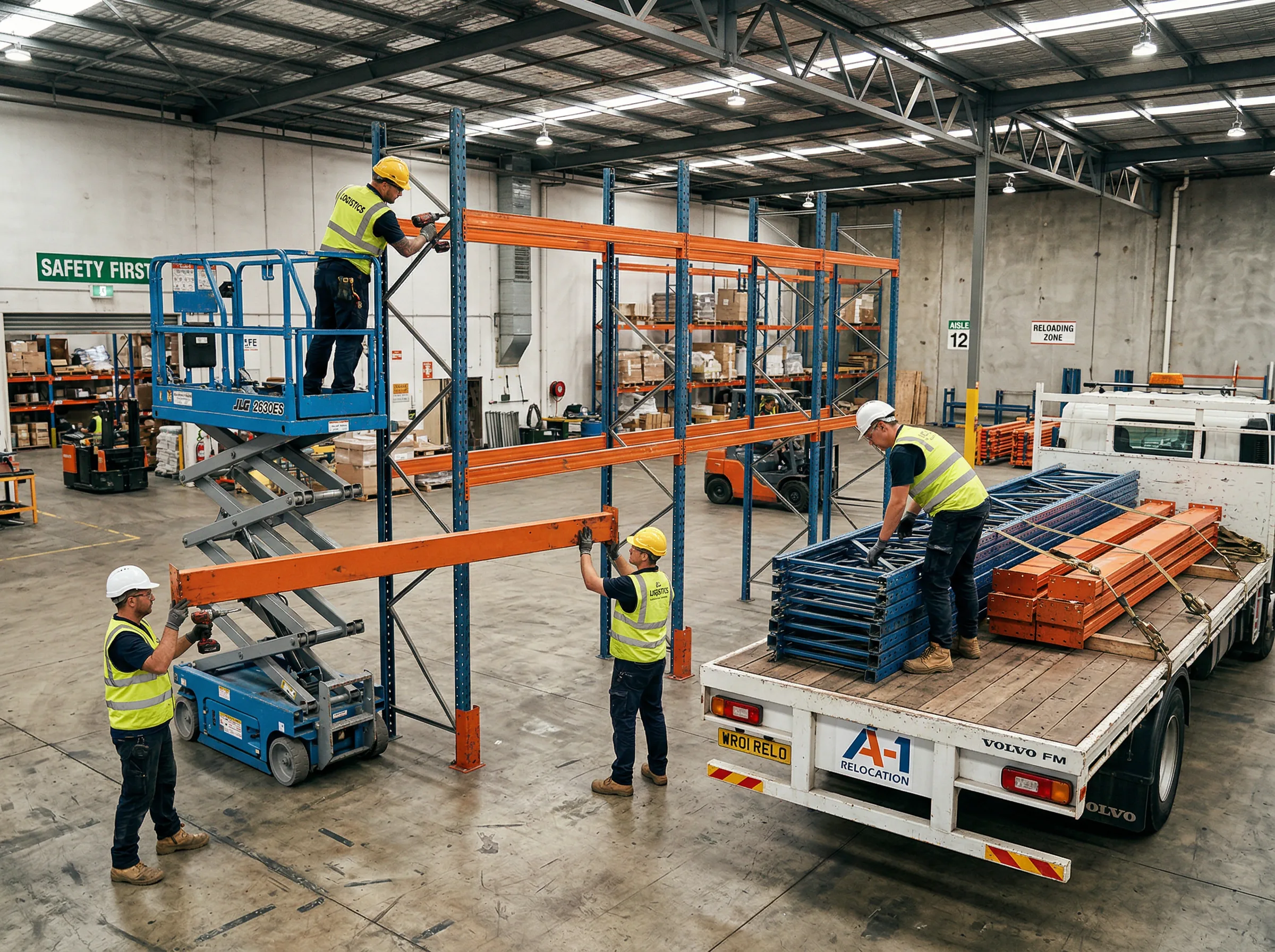 Flatbed truck delivering pallet racking components to a Baltimore, MD warehouse