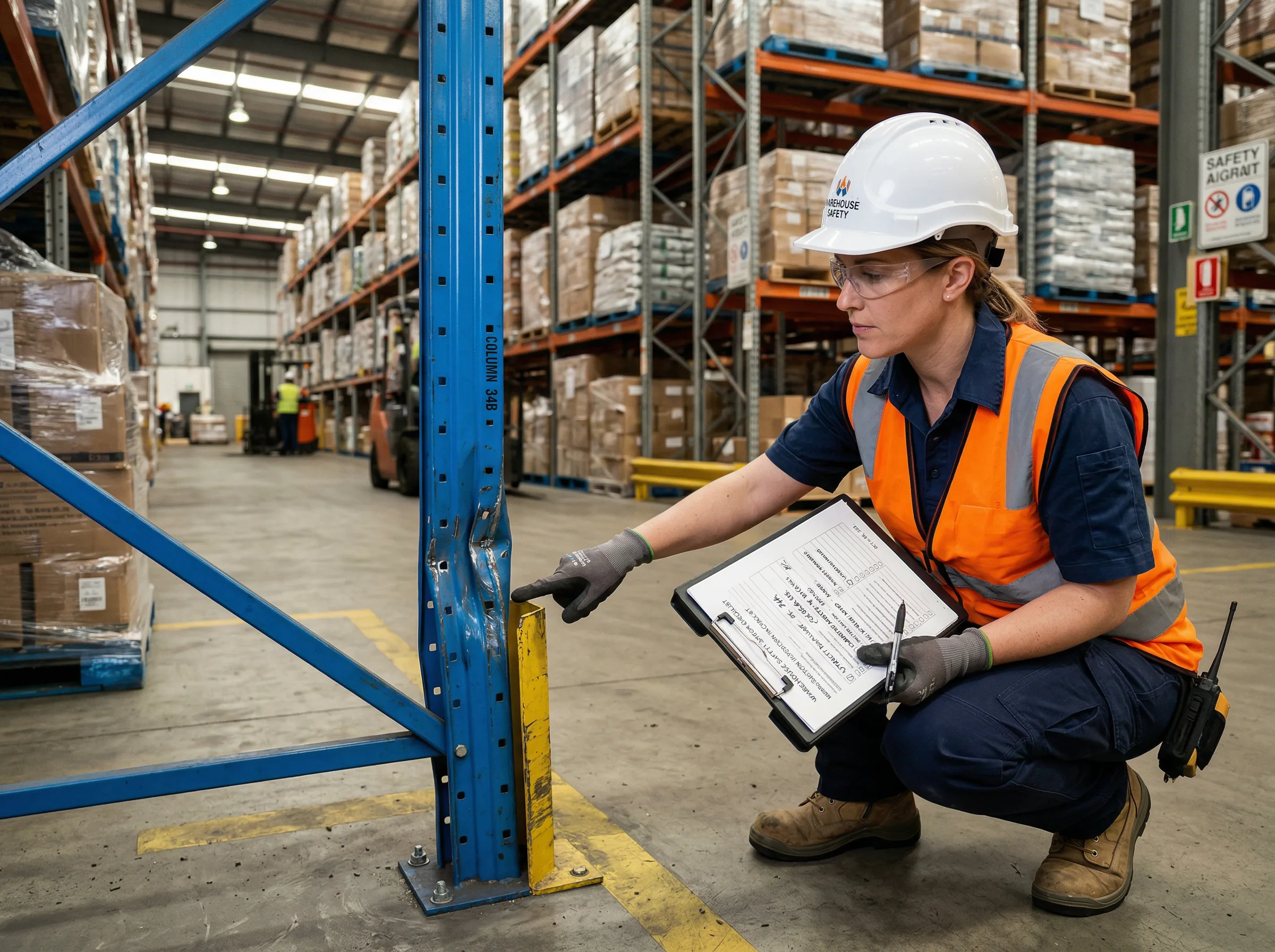 Safety inspector examining pallet rack uprights for damage in a Baltimore, MD warehouse