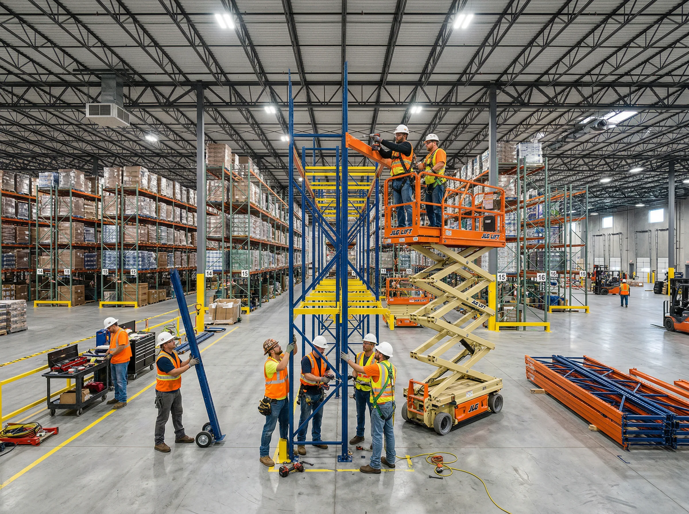 Pallet racking installation crew assembling rack systems in a Baltimore, MD warehouse