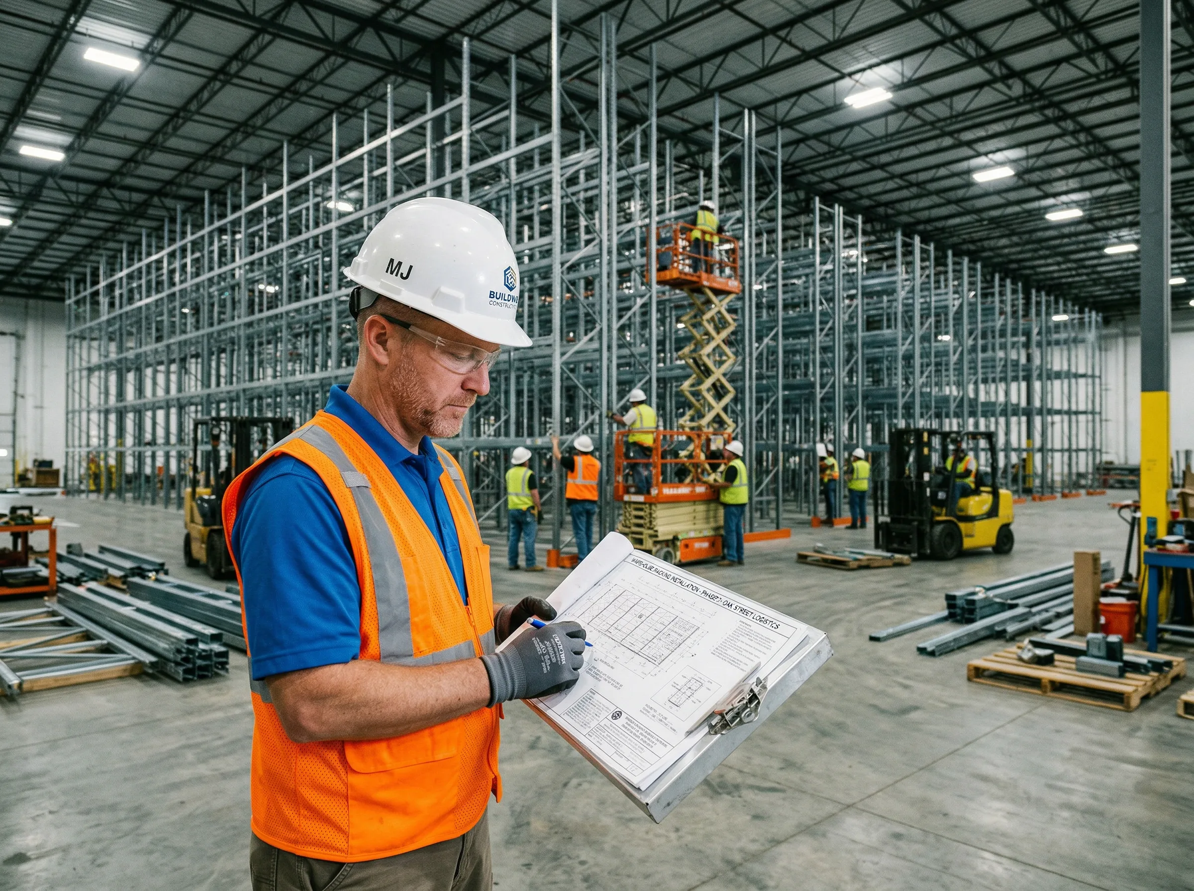 Project manager overseeing pallet racking installation in a Baltimore, MD warehouse