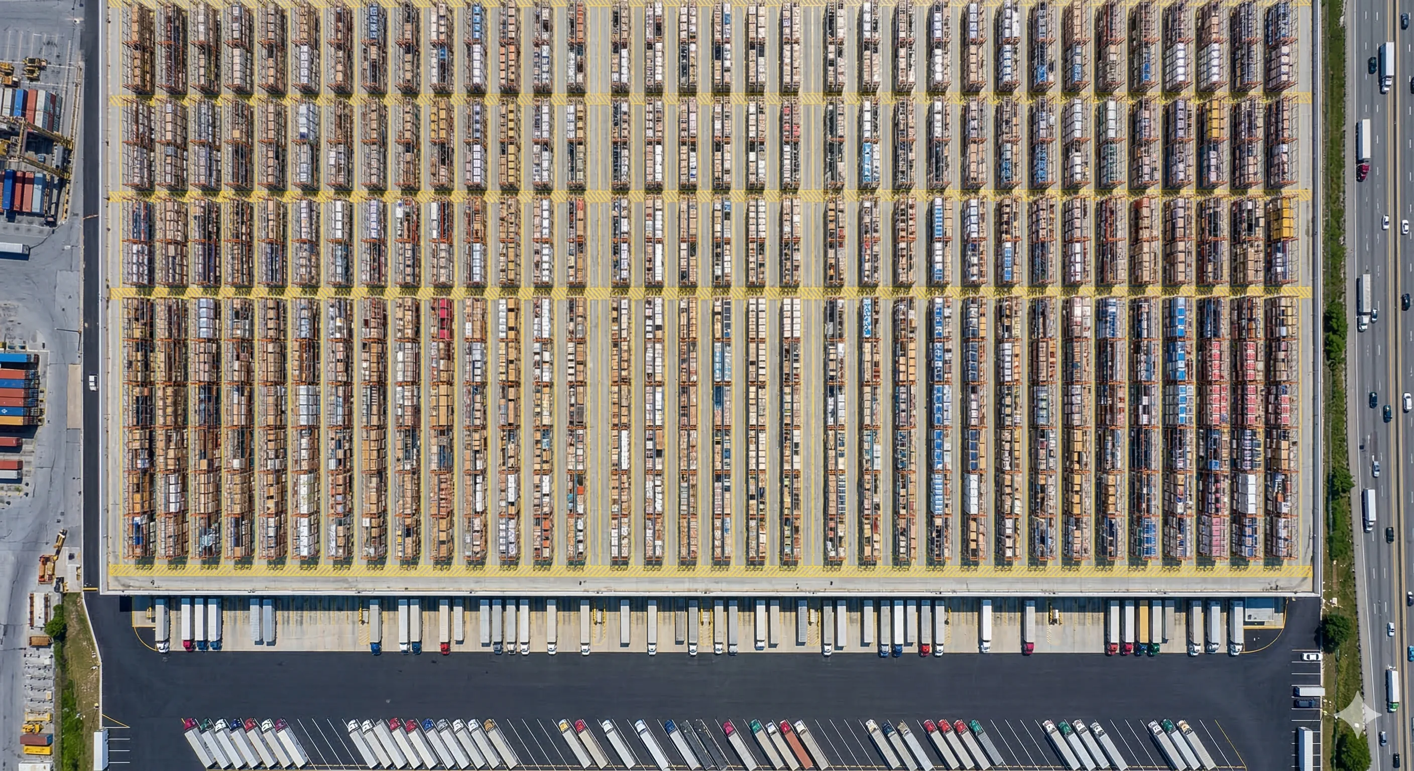 Aerial view of Baltimore port warehouse and distribution center racking operations near Dundalk Marine Terminal