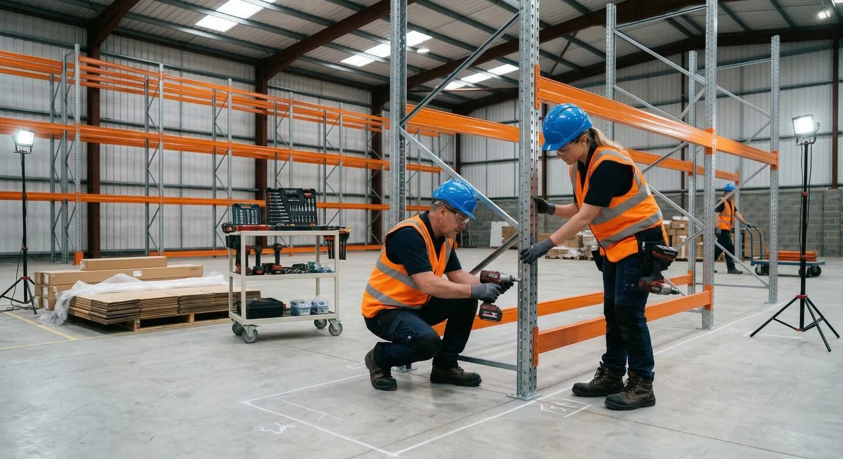 Pallet racking installation crew assembling selective rack system in a Baltimore area warehouse