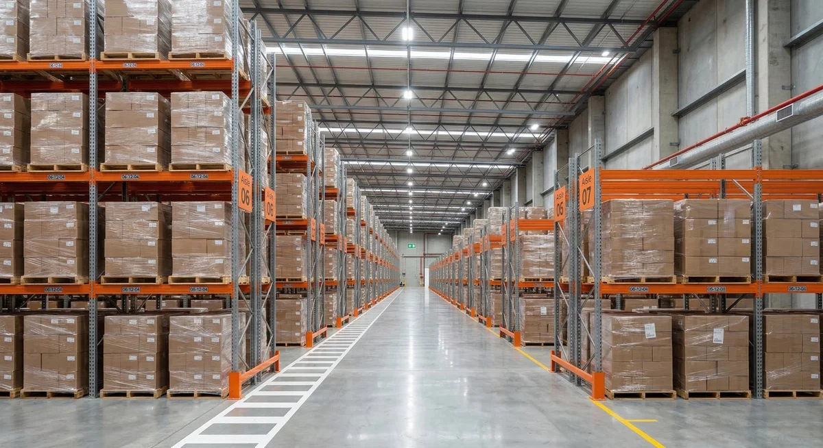 Fully installed pallet racking aisle with loaded pallets in a Baltimore area warehouse