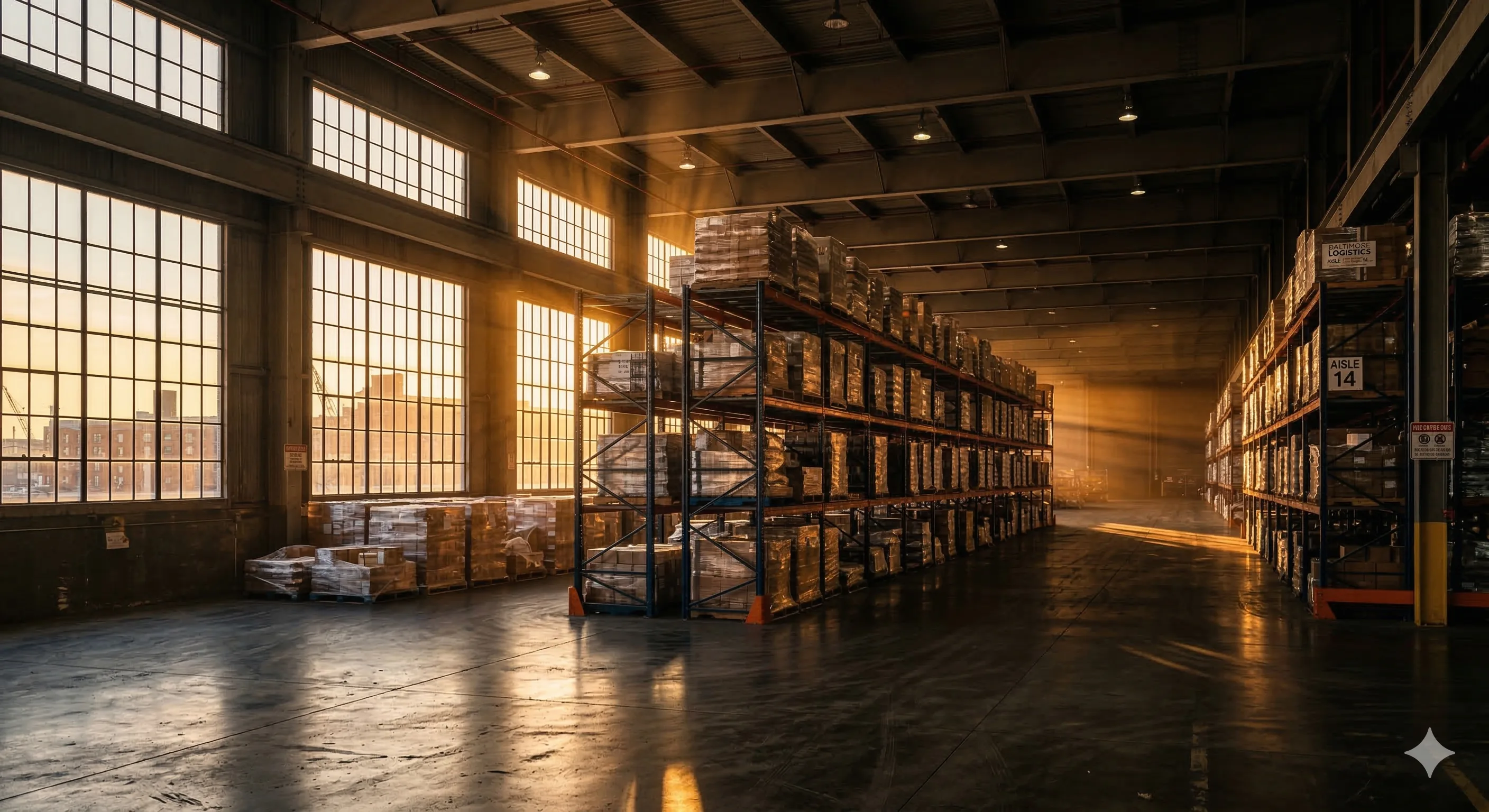 Distribution center warehouse at sunset in the Jessup BWI corridor between Baltimore and Washington DC
